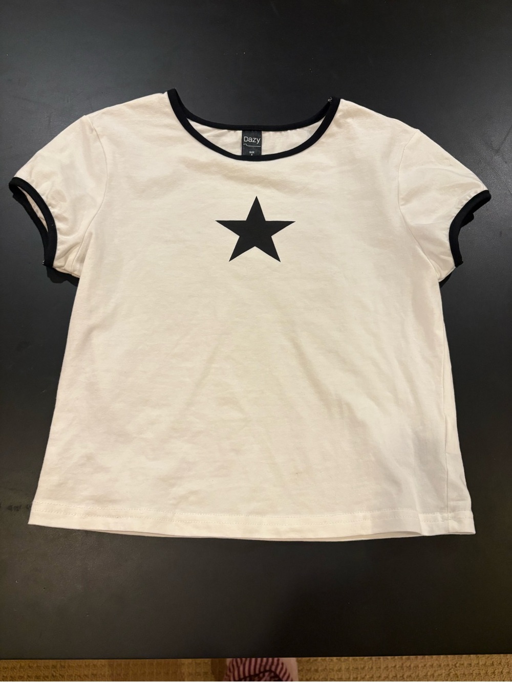 Dazy White Star Crop Top with Black Trim
